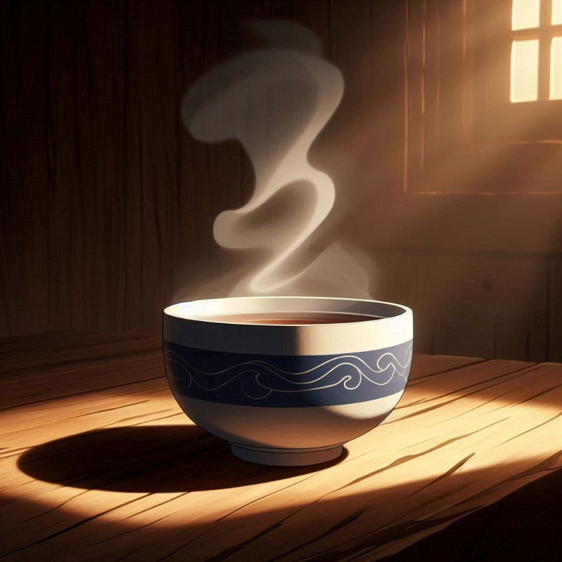 Tea in a blue and white bowl with steam rising
